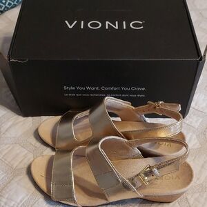Vionic Gold Sandals with Metallic Straps and Supportive Footbed